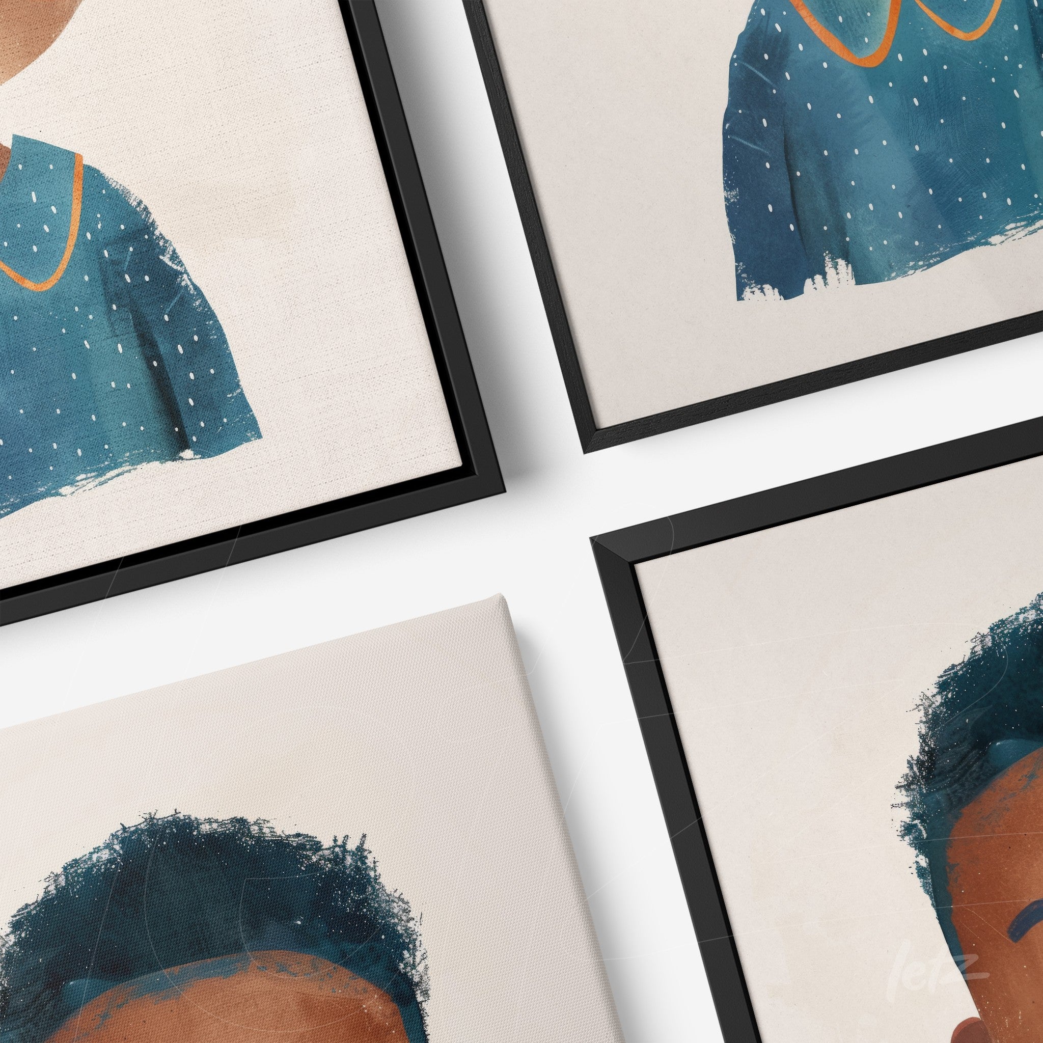 collection of framed artworks featuring colorful illustrations of children's faces in artistic style