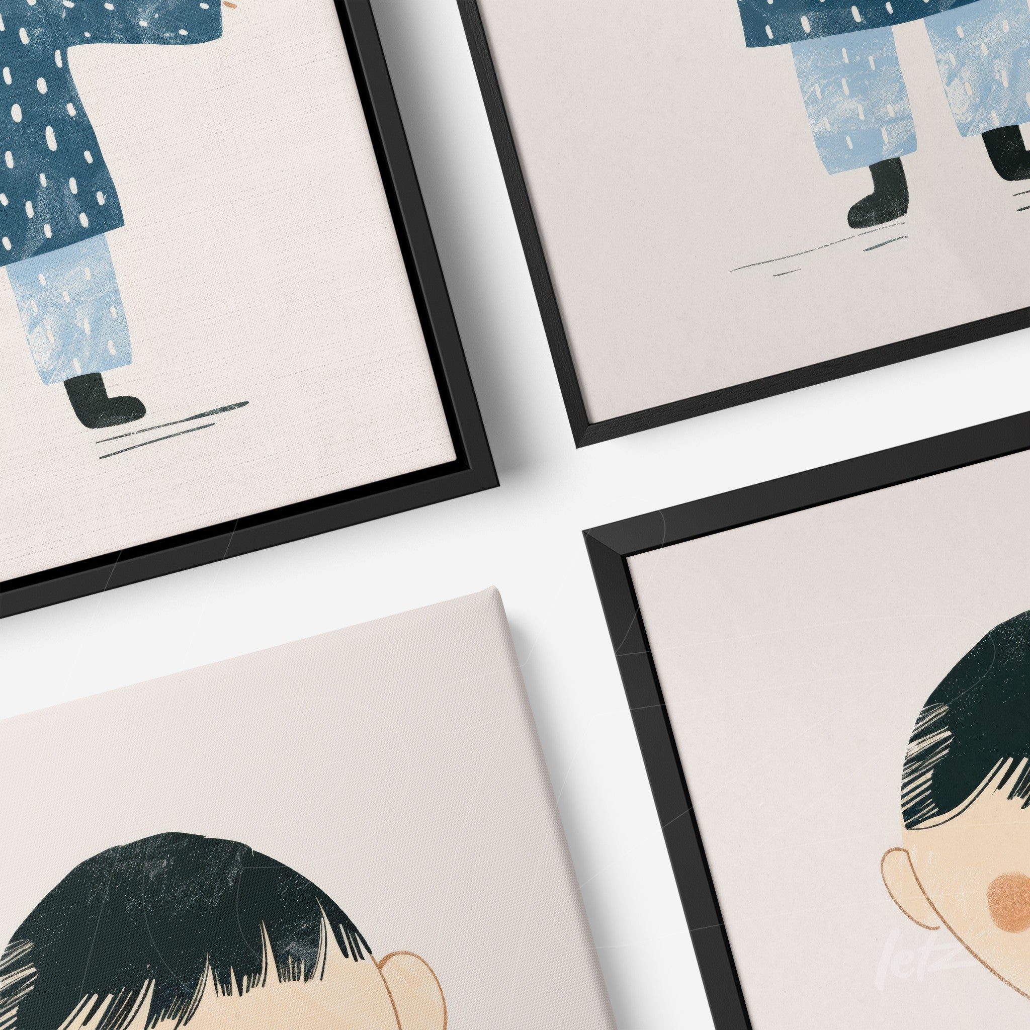 set of framed wall art featuring playful illustrations of a child in rain gear and a close-up portrait of a young boy with black hair
