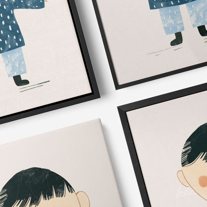 set of framed wall art featuring playful illustrations of a child in rain gear and a close-up portrait of a young boy with black hair