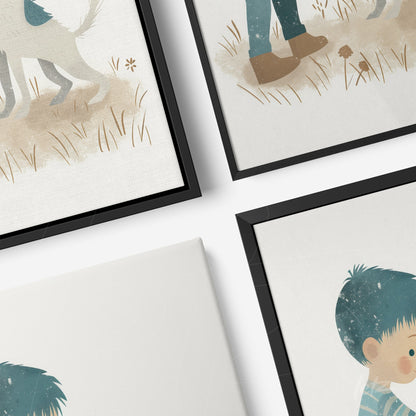 composition of framed illustrations in childlike style featuring a child and a dog with black frames