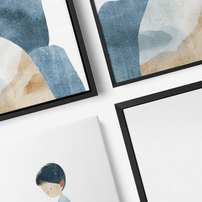 collection of artworks featuring abstract designs in shades of blue and cream framed in black