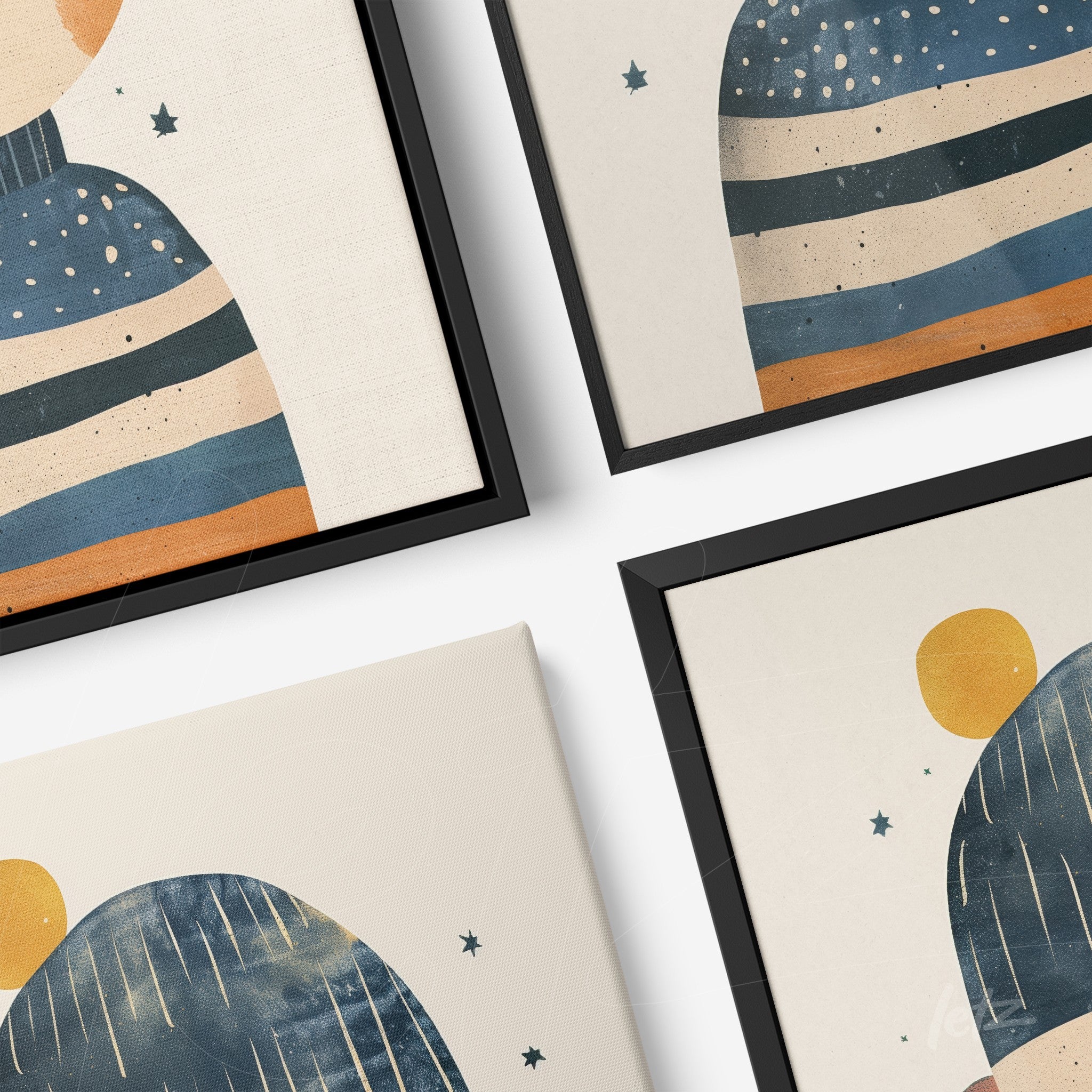 composition of framed artworks featuring abstract shapes and human figures on light backgrounds with blue, orange, and yellow details