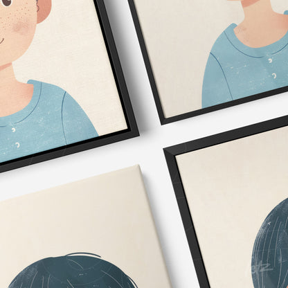collection of framed art featuring minimalist illustrations of children's faces with black slim frames on white background