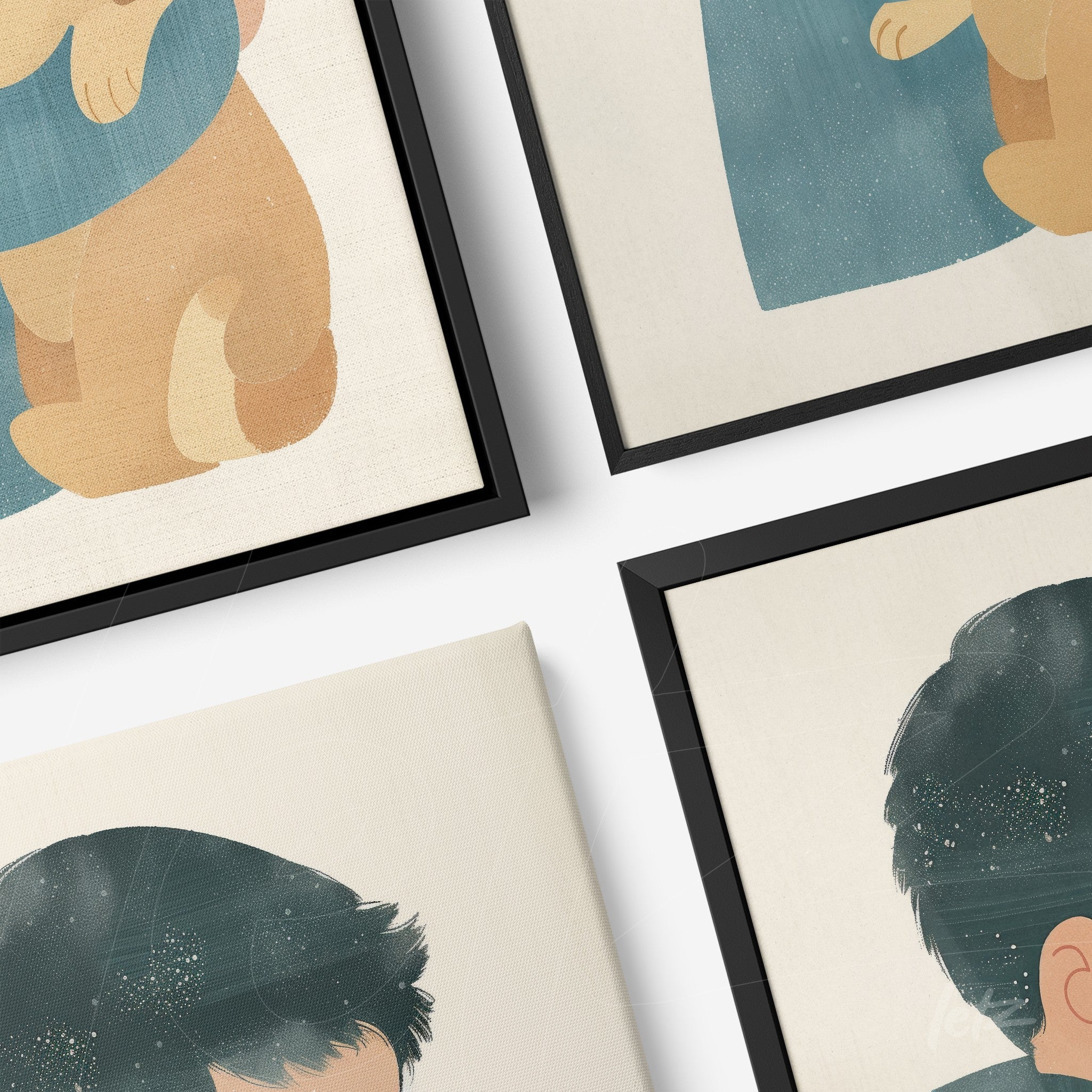 collection of framed artworks featuring colorful illustrations of children and animals with thin black frames