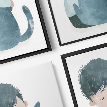 composition of children's art featuring a blue cat and a boy with dark hair in black frames