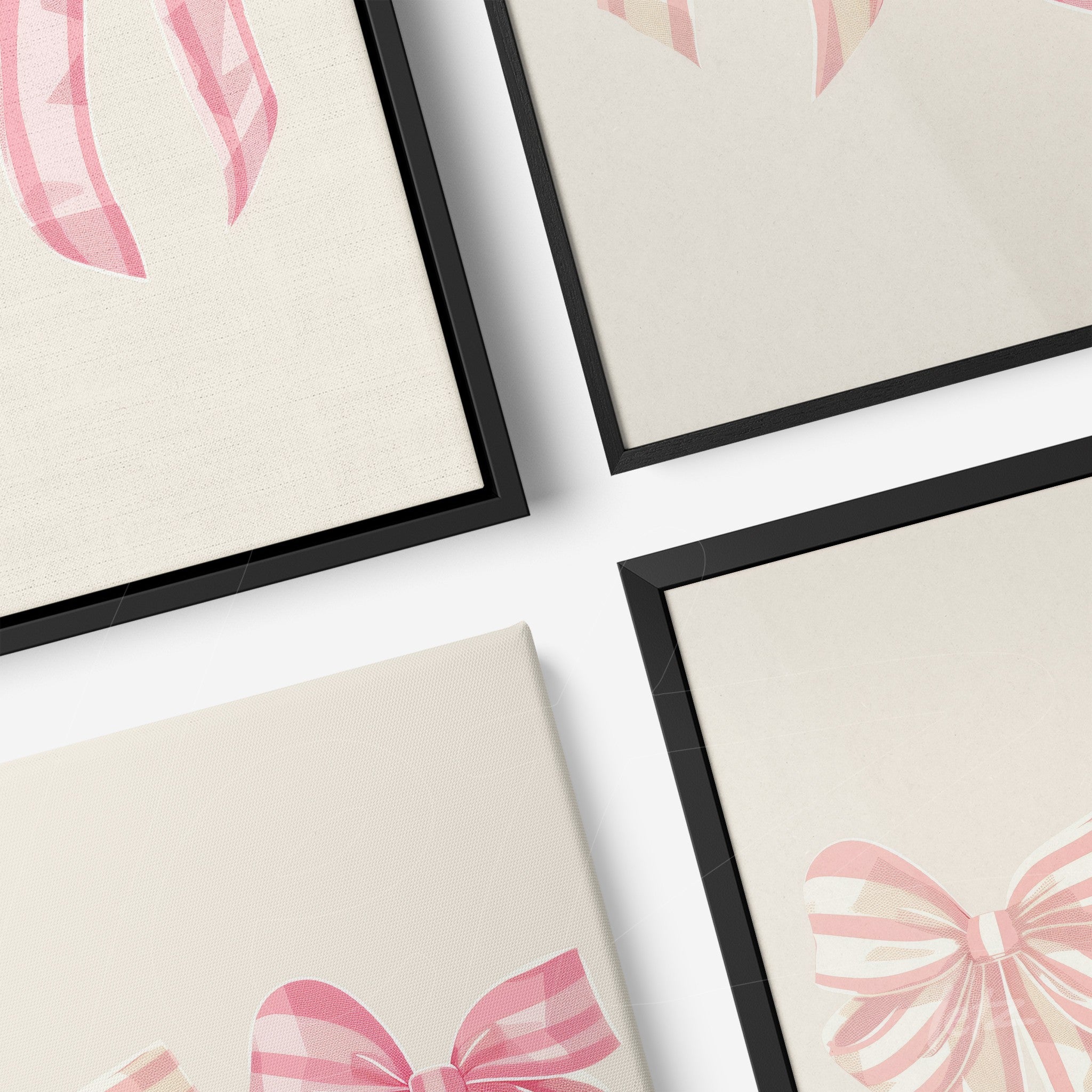 composition of decorative wall art featuring pink bows in black frames, two on canvas and two on poster paper, arranged on a neutral background