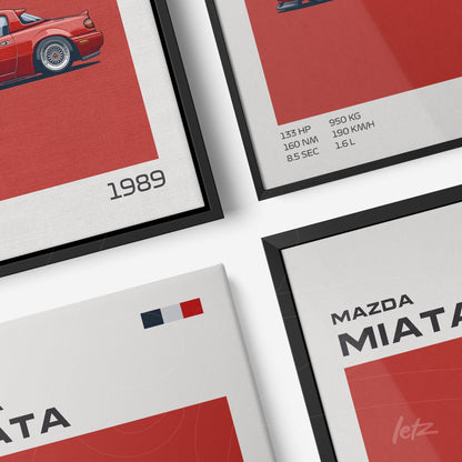 framed wall art collection featuring illustrations of the 1989 Mazda Miata with black frame and red accents