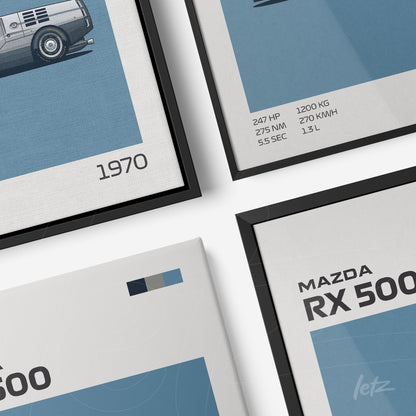 composition of framed art showcasing the Mazda RX 500 car illustrations with technical specifications on blue background, featuring black and white frames