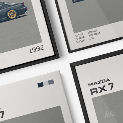collection of framed artworks featuring stylized illustrations of Mazda RX-7 car in black and silver frames
