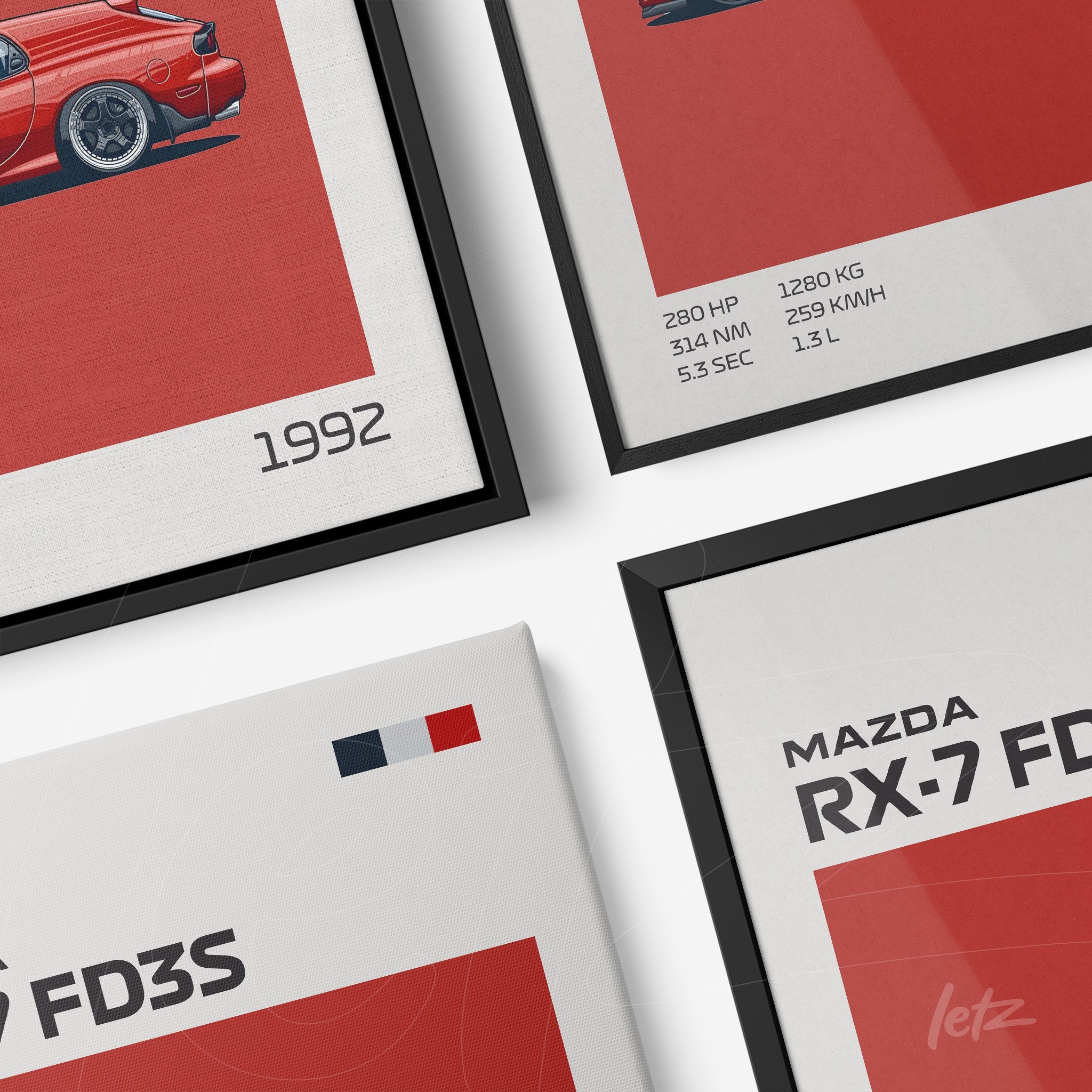 collection of decorative framed art featuring sports car illustrations, black and white frames, vibrant red background with text details
