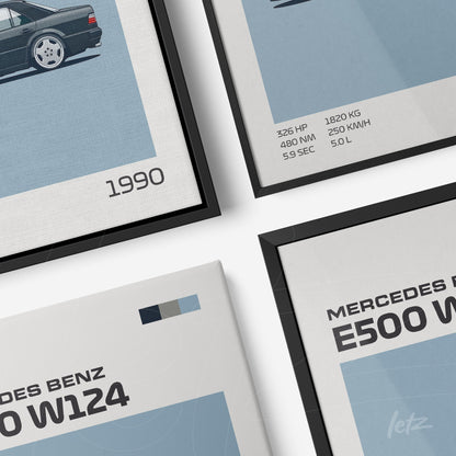 collection of stylized Mercedes-Benz car frames featuring a blue background, black frames, and graphic details in neutral tones