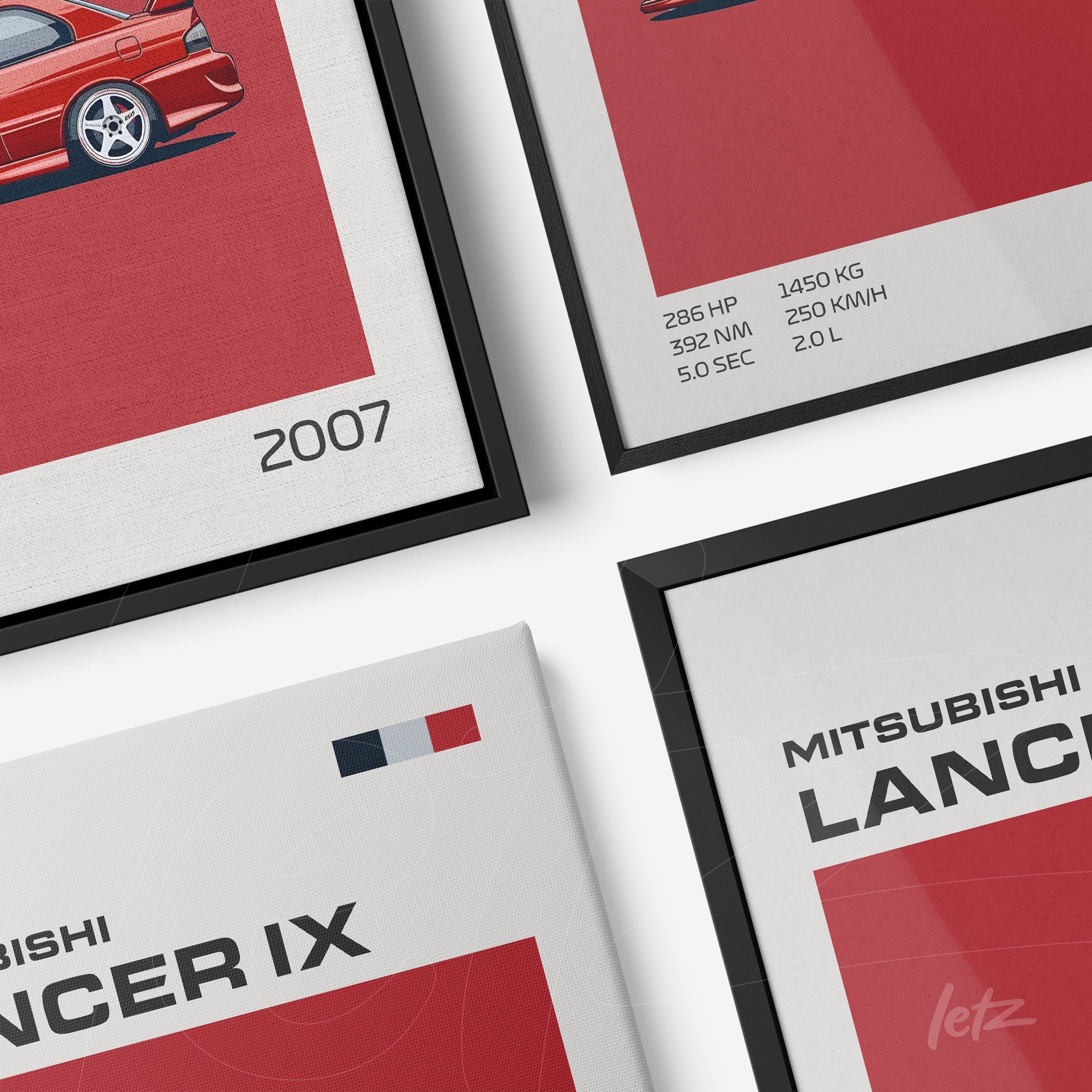 set of framed wall art featuring illustrations of the Mitsubishi Lancer IX, highlighting details like horsepower and year, in black and white frames