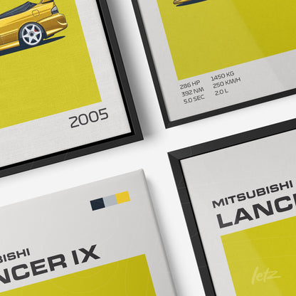 set of framed illustrations of the 2005 Mitsubishi Lancer IX with black and white frames against a yellow background