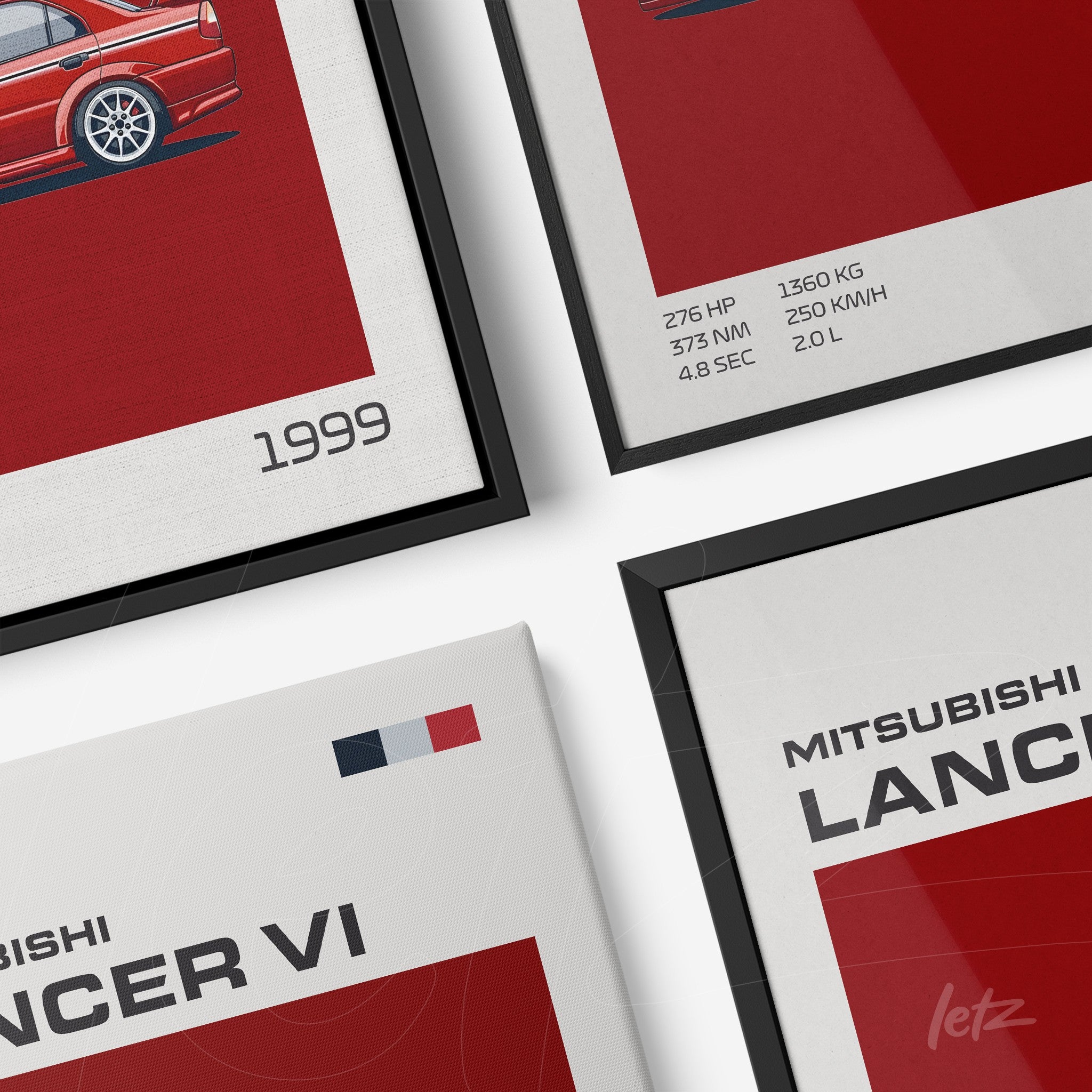 collection of framed illustrations featuring classic cars, highlighting the mitsubishi lancer vi in black and natural frames with red background