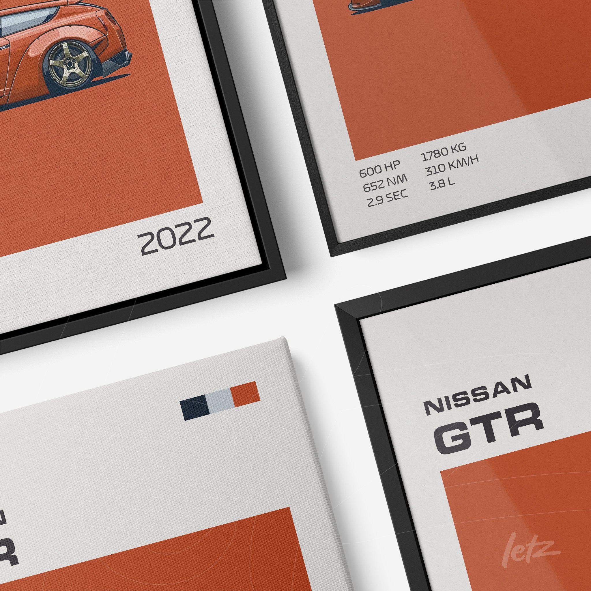 set of framed artworks featuring sports car illustrations in black slim frames on orange background
