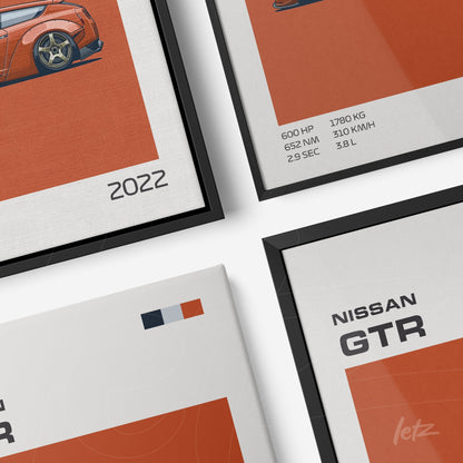 set of framed artworks featuring sports car illustrations in black slim frames on orange background