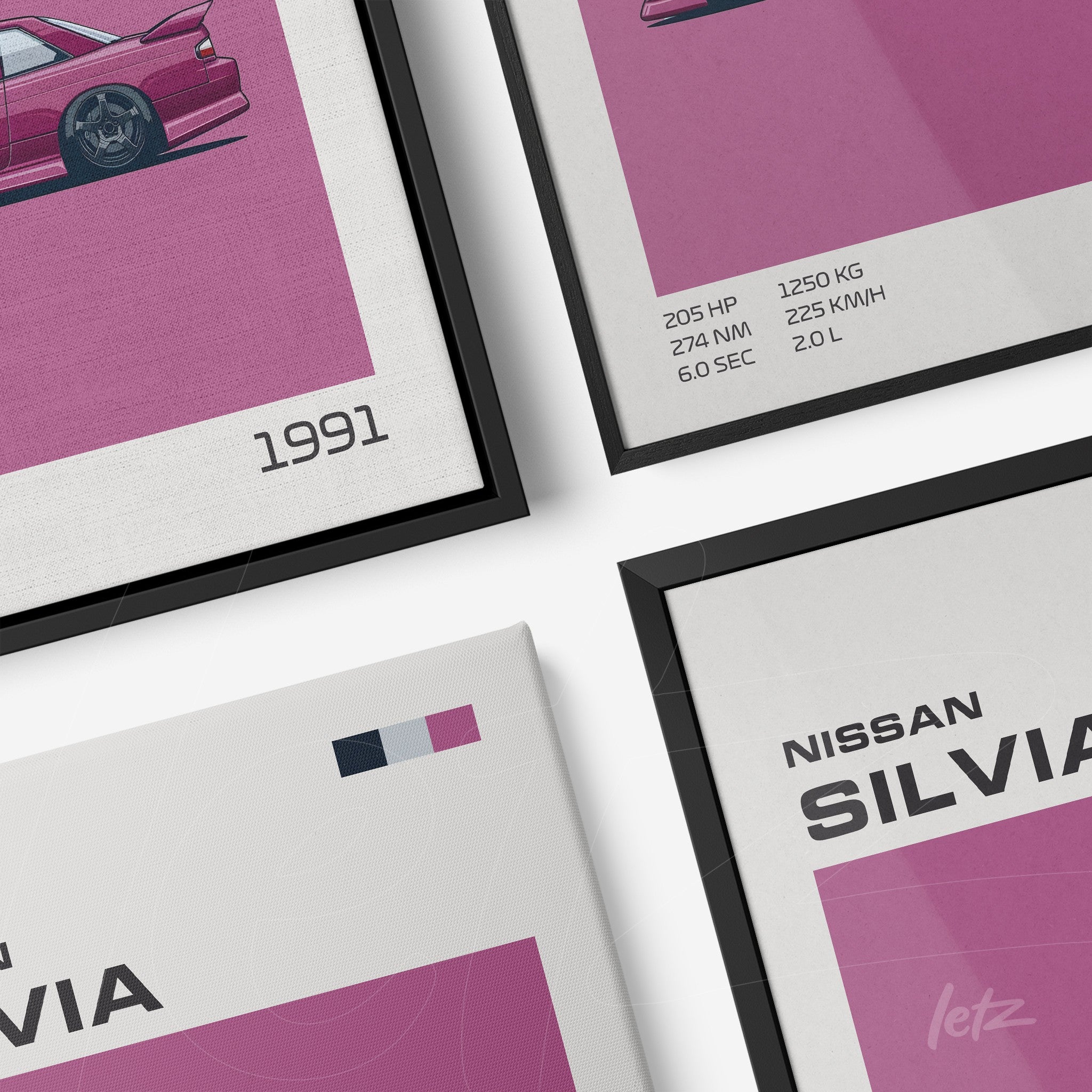 framed artwork of the 1991 Nissan Silvia on a pink background with black and white frame