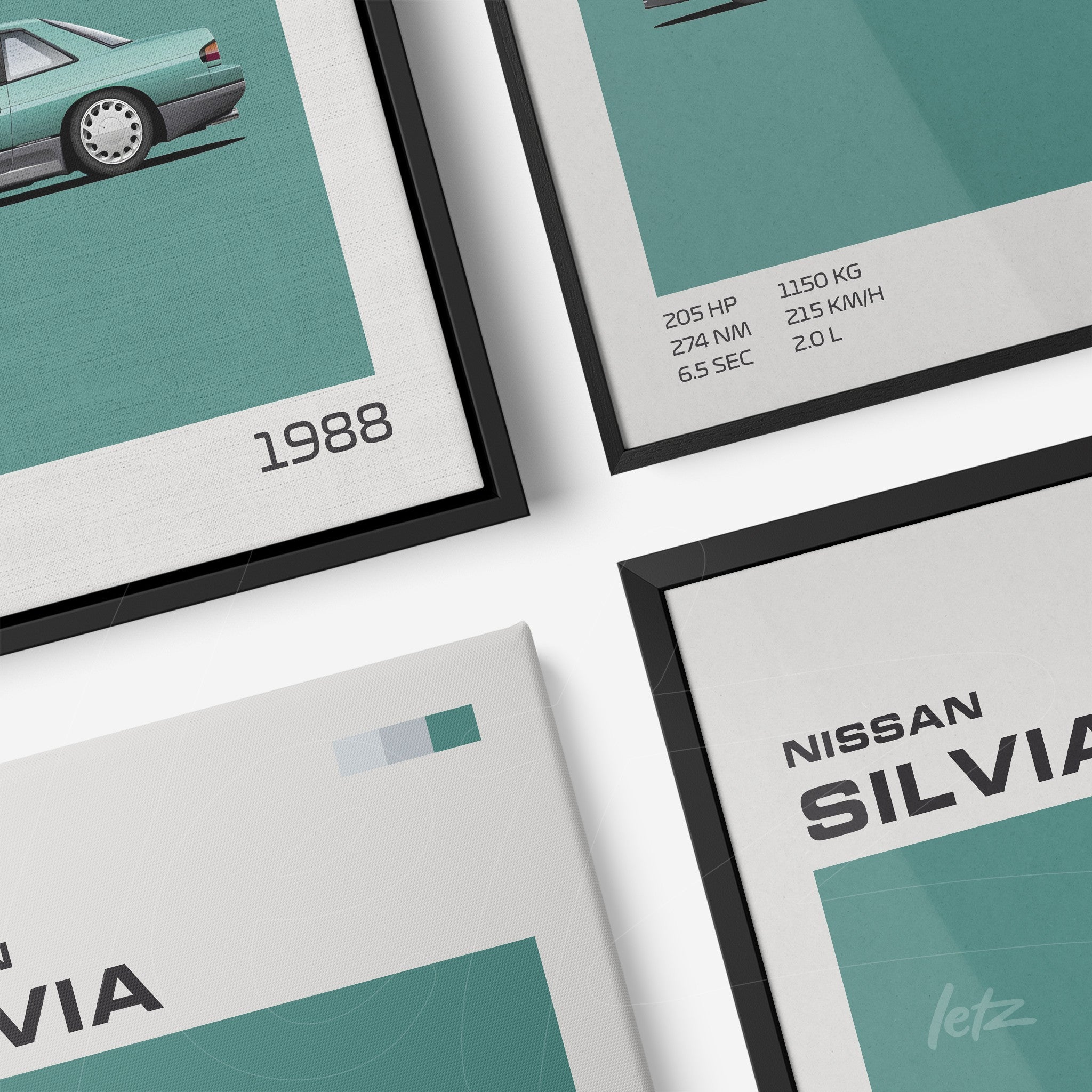 collection of framed decorative art featuring minimalist illustrations of classic cars with technical details on green background and black frames