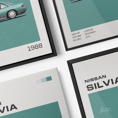 collection of framed decorative art featuring minimalist illustrations of classic cars with technical details on green background and black frames
