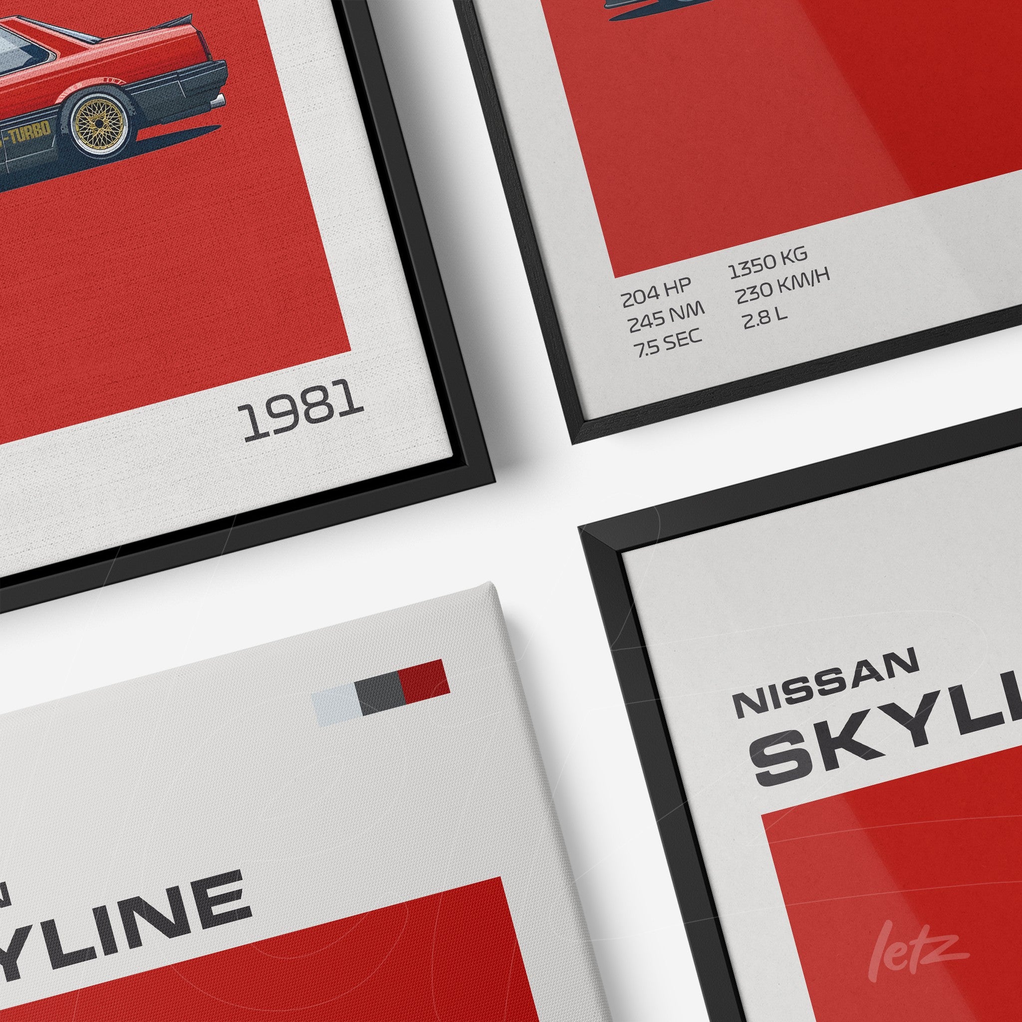 collection of digital art prints featuring the 1981 Nissan Skyline in sleek black and white frames