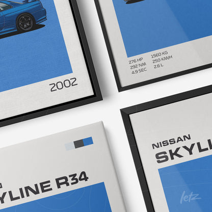 composition of framed wall art featuring illustrations of the Nissan Skyline R34 on blue backgrounds with black and white details