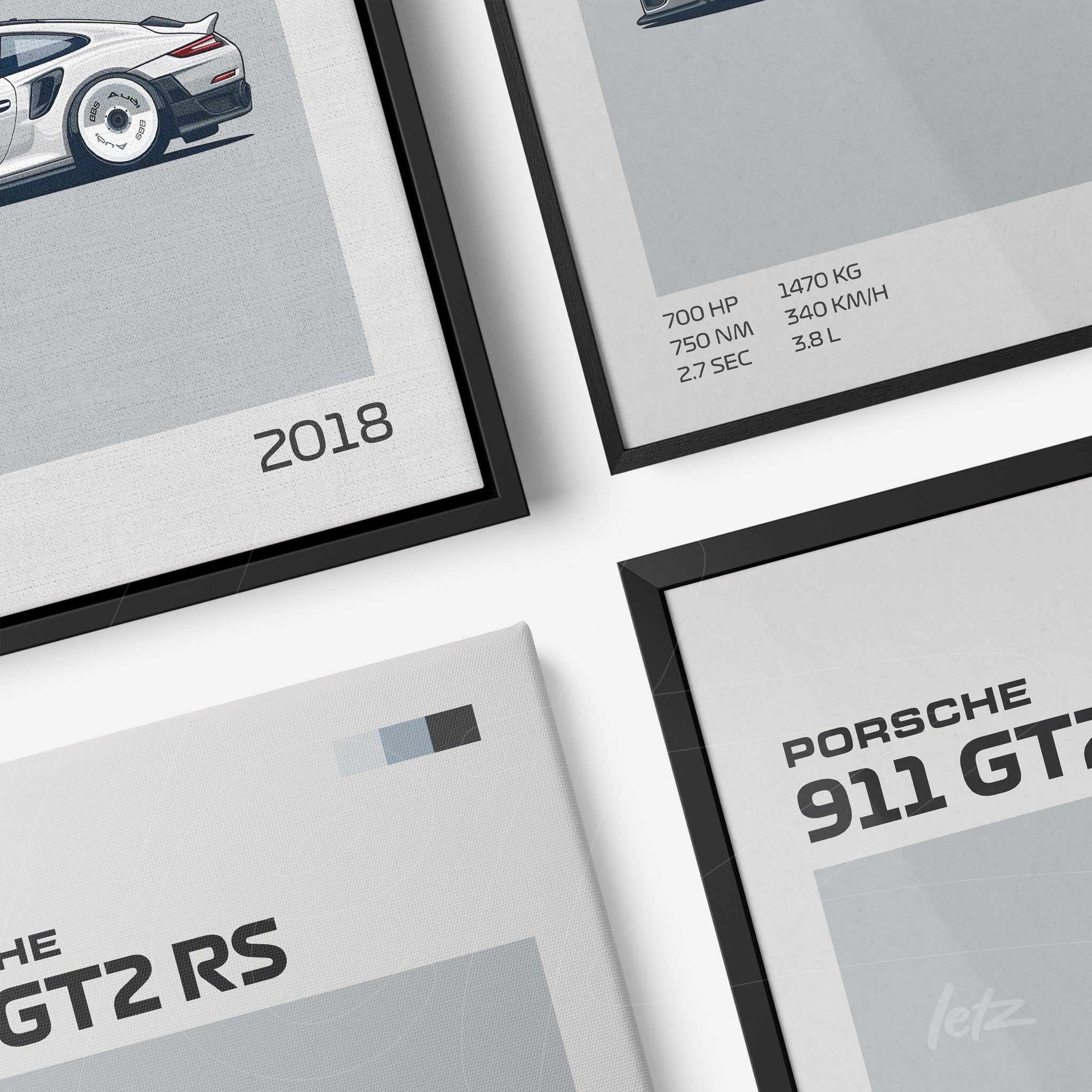 composition of four framed artworks featuring sports car illustrations in black and gray frames highlighting a porsche 911 gt2 rs along with other models displaying technical details like horsepower, weight, and speed