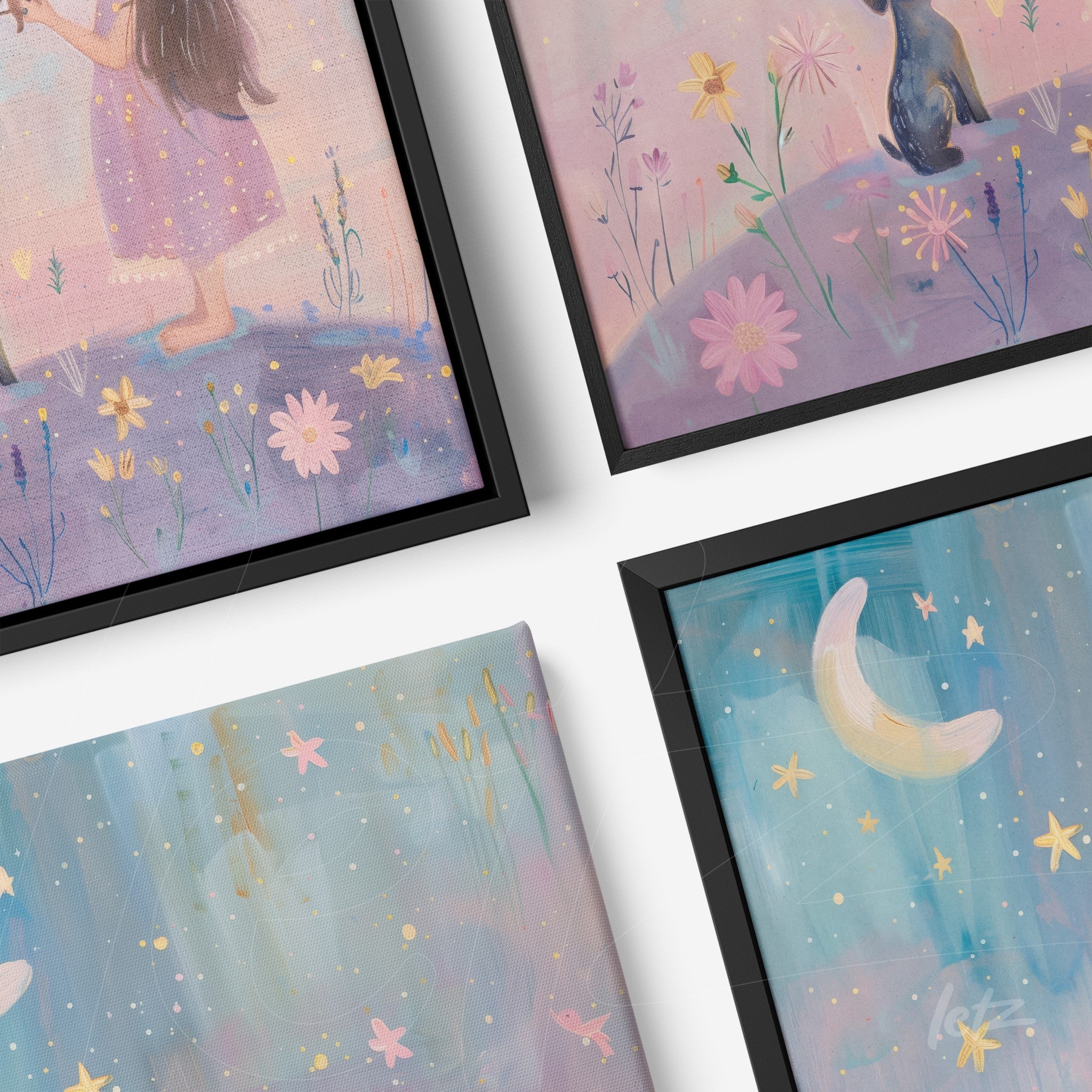 framed wall art composition featuring illustrations of girls in a whimsical setting with thin black frames and soft blue background with stars