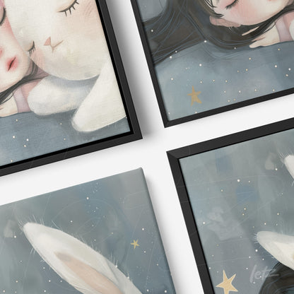 collection of framed artworks depicting sleeping girls with rabbits and stars on a blue background, thin black frames