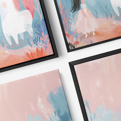 collection of four whimsical framed artworks featuring a unicorn and a girl in a soft pink and blue landscape