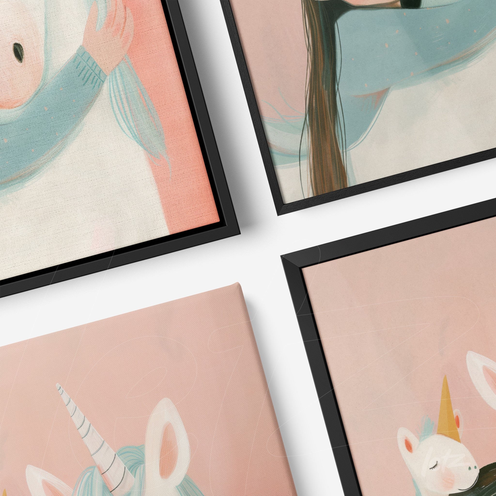 collection of framed unicorn decorative art prints with soft pink background