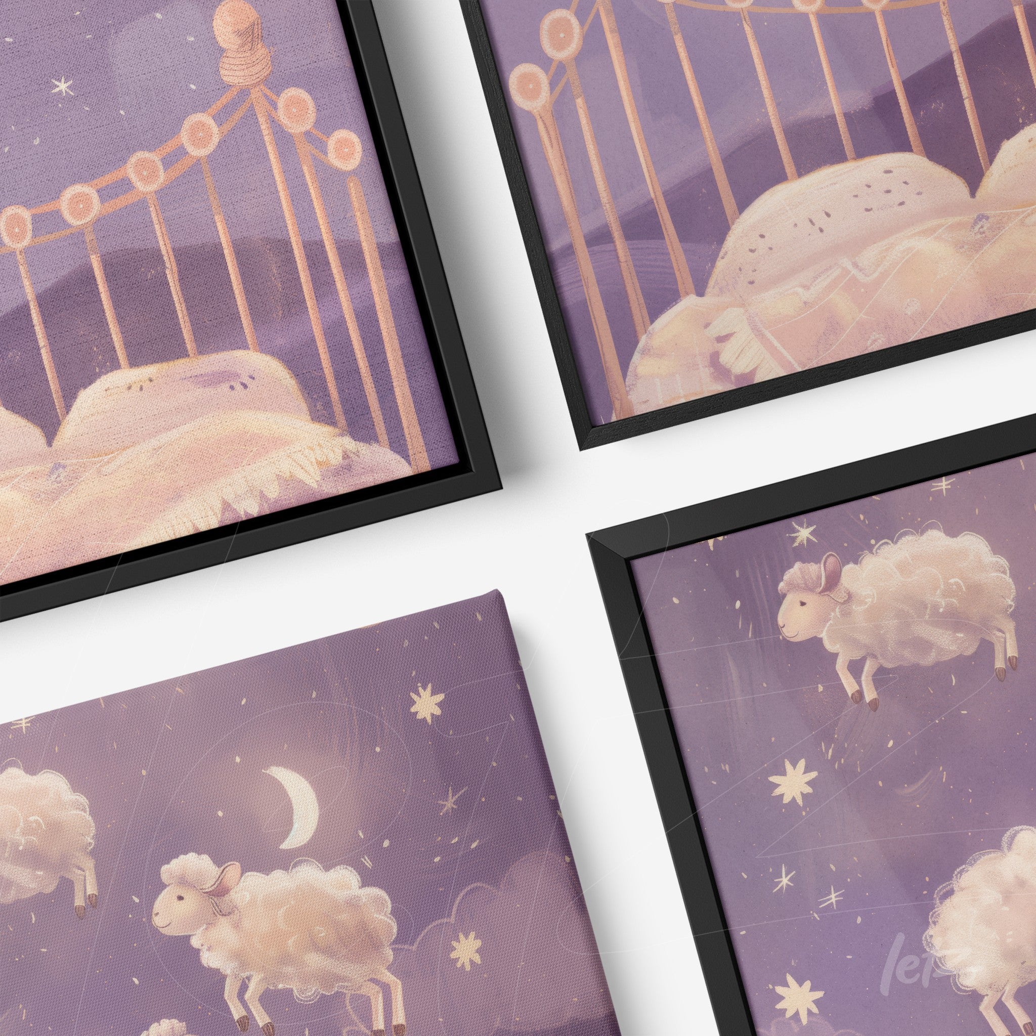 collection of framed artworks featuring floating sheep and a crib on a lilac background with stars