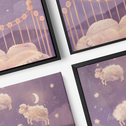 collection of framed artworks featuring floating sheep and a crib on a lilac background with stars
