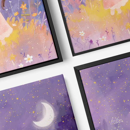 composition of framed digital art with a girl in a colorful flower scene and a lilac starry sky