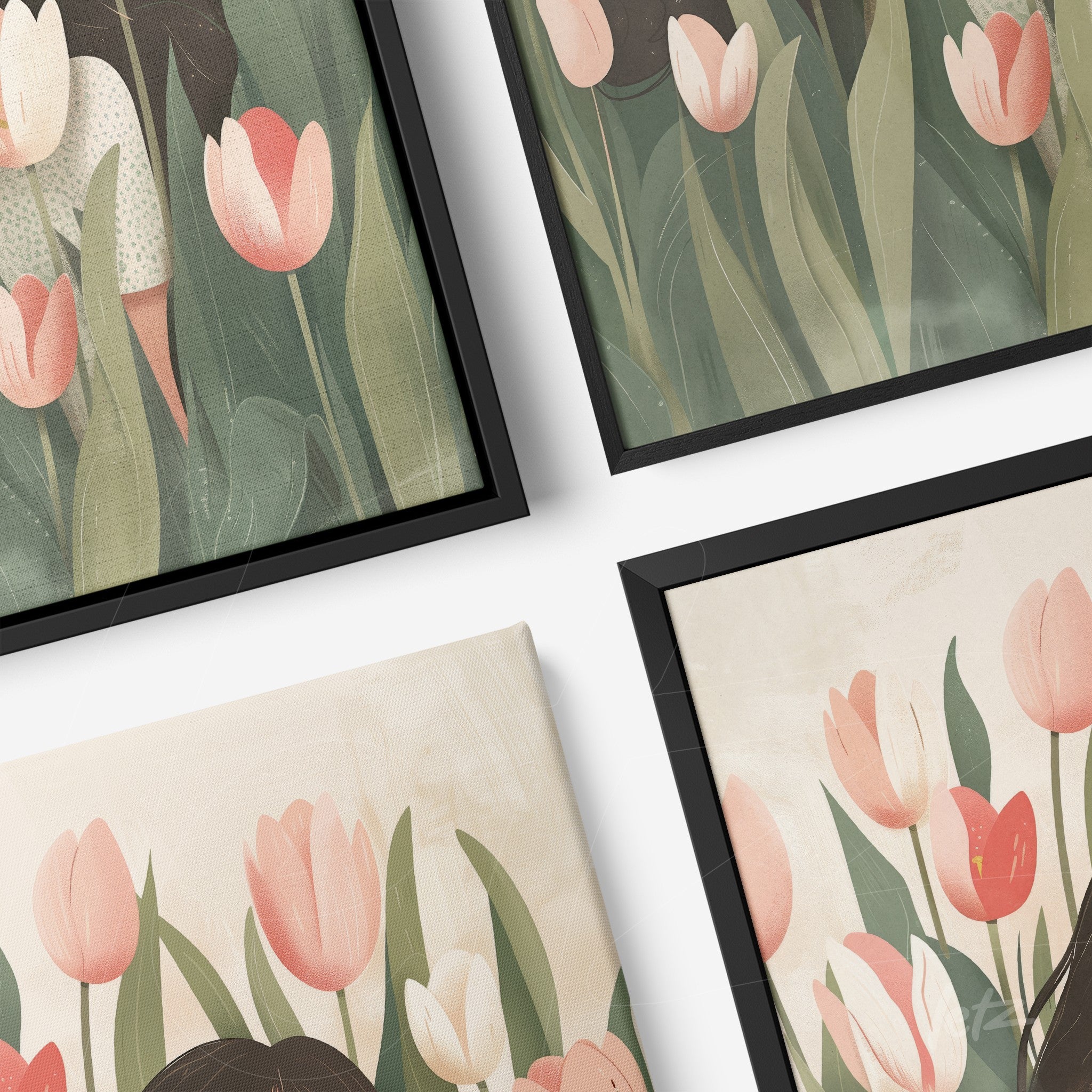 collection of wall art featuring minimalist floral illustrations in black frames and light background