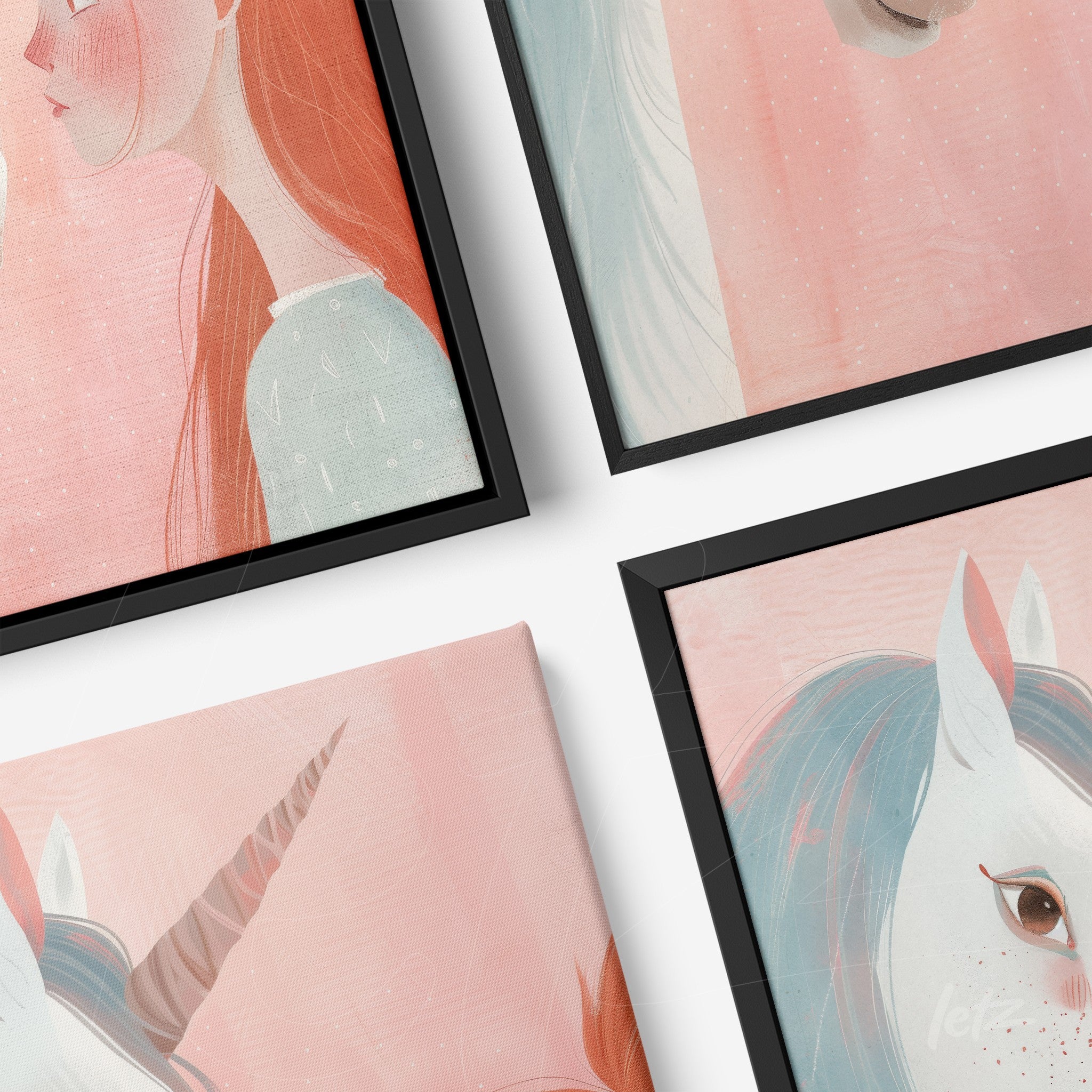 composition of framed art featuring unicorn and girl illustrations in pastel shades with black frames
