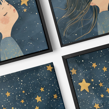 set of framed artworks featuring women dreaming under a starry sky with black frames and deep blue background
