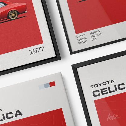 collection of framed graphic art featuring the 1977 Toyota Celica against a red background, with technical details in white