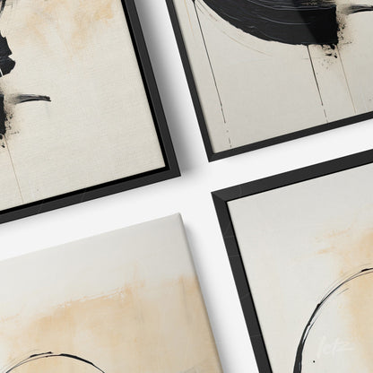 collection of contemporary wall art with abstract lines in black frames and light background