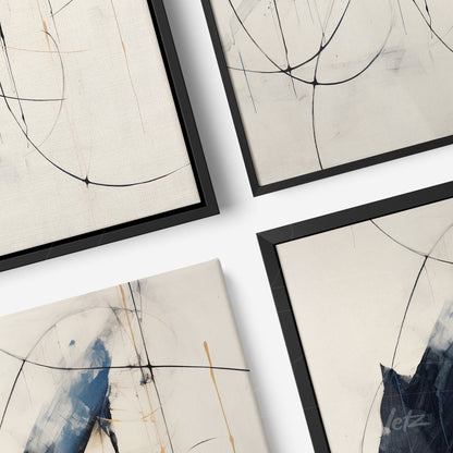 composition of four abstract framed artworks featuring blue and black brush strokes on light background