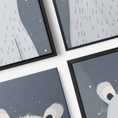 series of wall art featuring polar bear illustration on dark blue background, accented by thin black frames