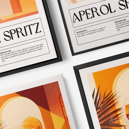 collection of decorative wall art featuring digital illustrations of aperol spritz in modern black frames