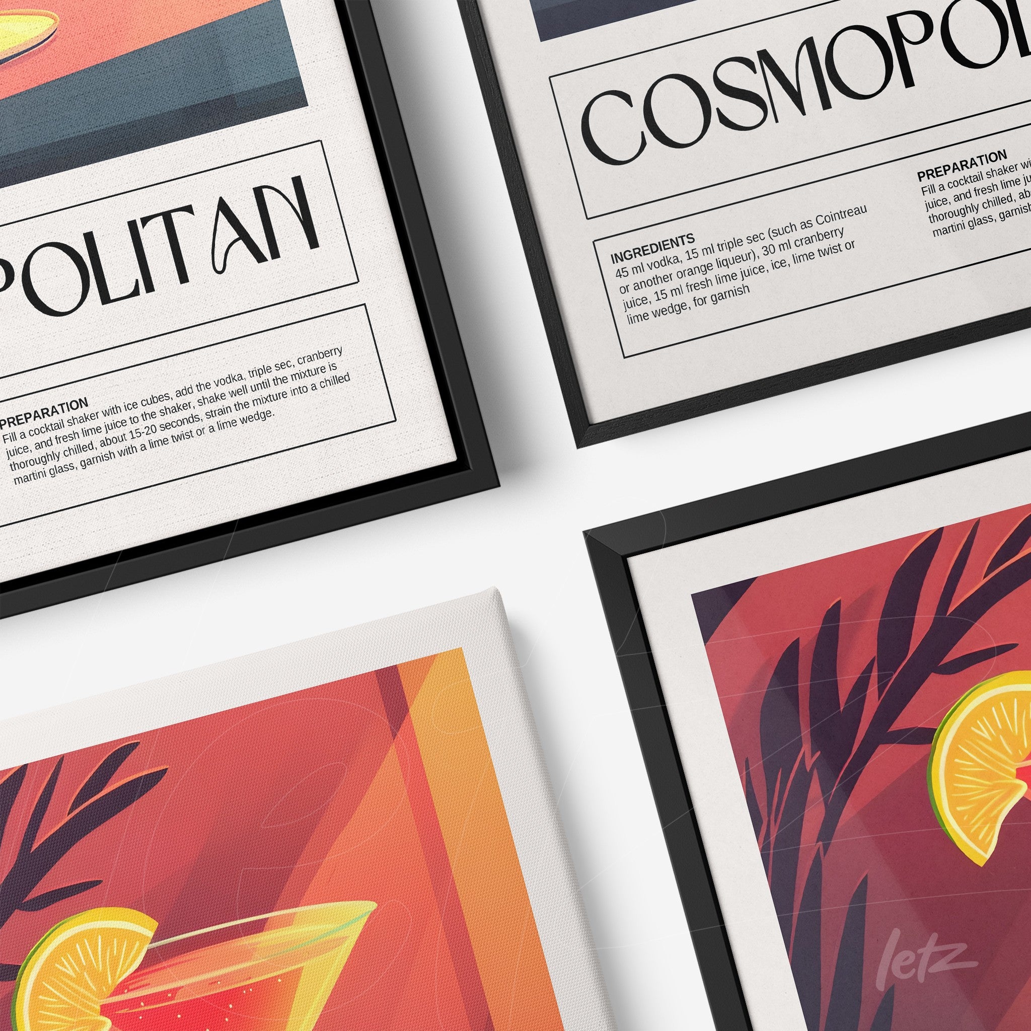 collection of framed art featuring cocktails, including a cosmopolitan print in black frame and a vibrant canvas illustration of a cocktail