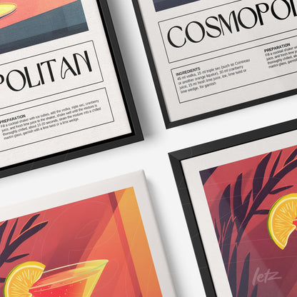 collection of framed art featuring cocktails, including a cosmopolitan print in black frame and a vibrant canvas illustration of a cocktail