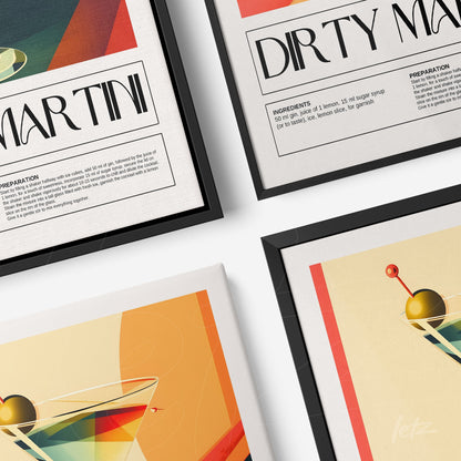 composition of classic cocktail prints in black frames featuring modern graphic elements