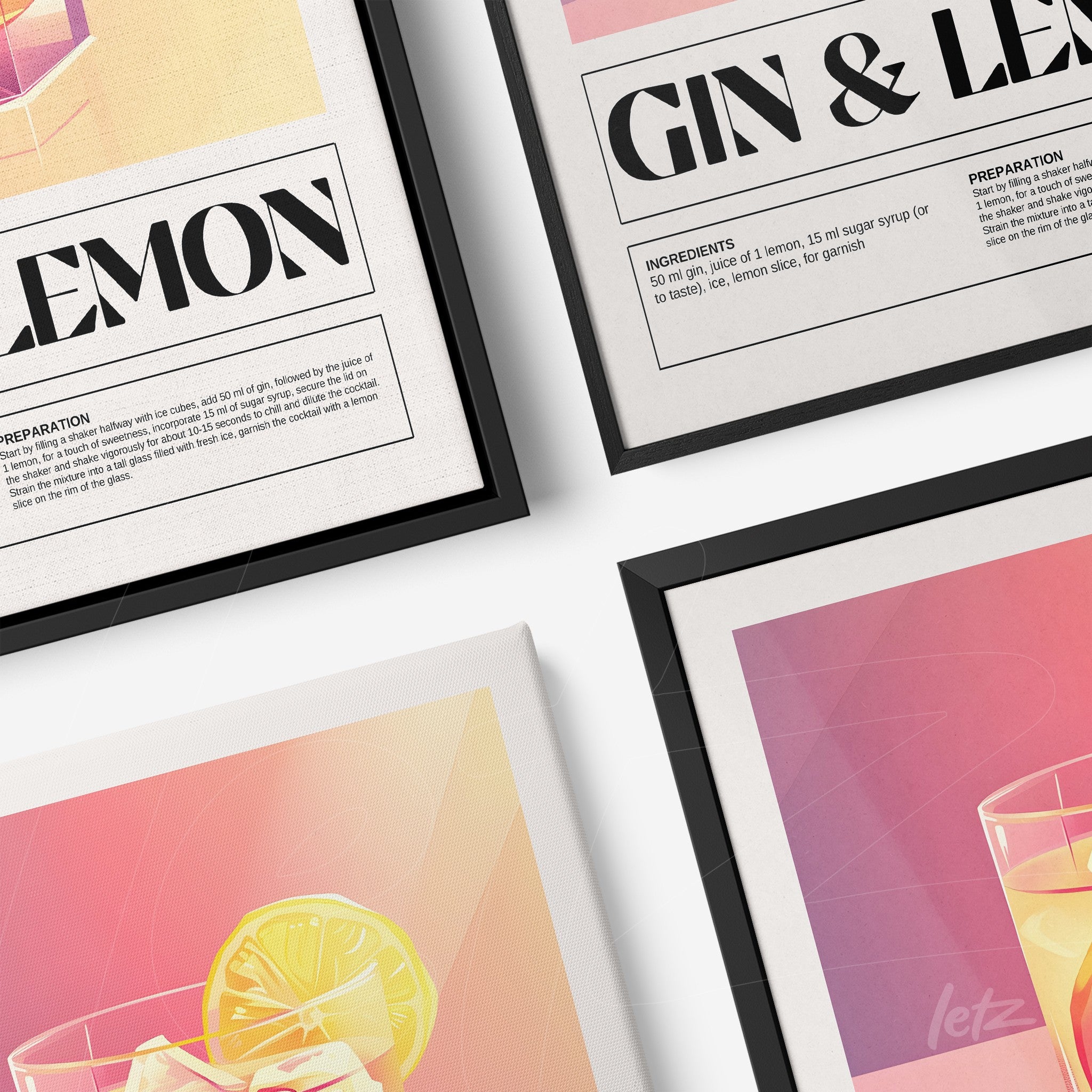 collection of decorative wall art featuring cocktail illustrations with black frames and gradient colorful backgrounds