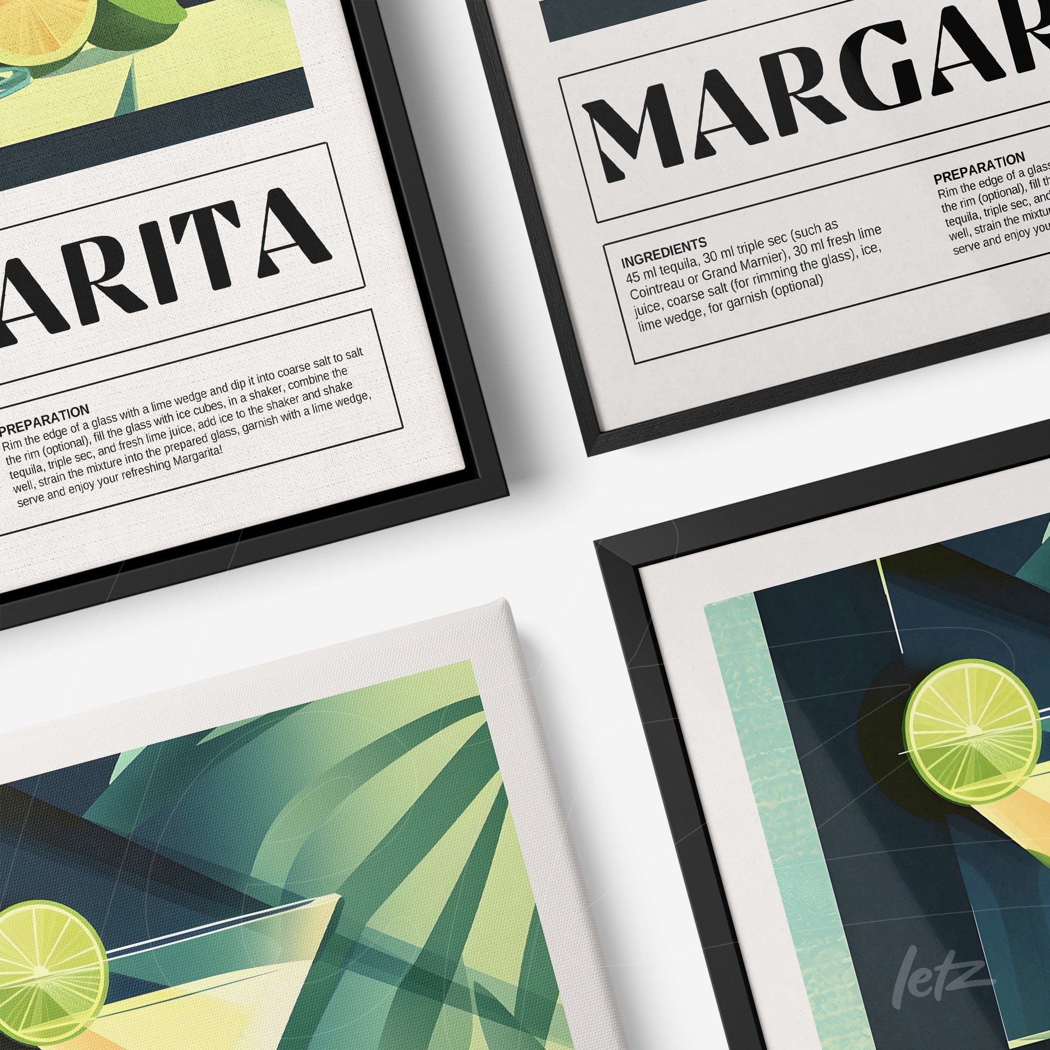 collection of framed cocktail recipes featuring margarita and cosmopolitan, black and white frames against a light background