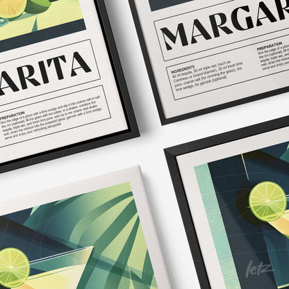 collection of framed cocktail recipes featuring margarita and cosmopolitan, black and white frames against a light background