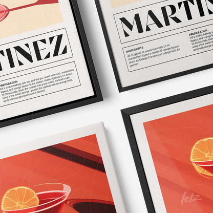 composition of decorative wall art featuring stylized cocktail illustrations, with black frames and vibrant colored backgrounds