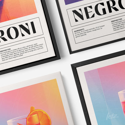 set of decorative wall art featuring digital illustrations of cocktails, including ingredients and preparation steps, framed in black with colorful gradient backgrounds