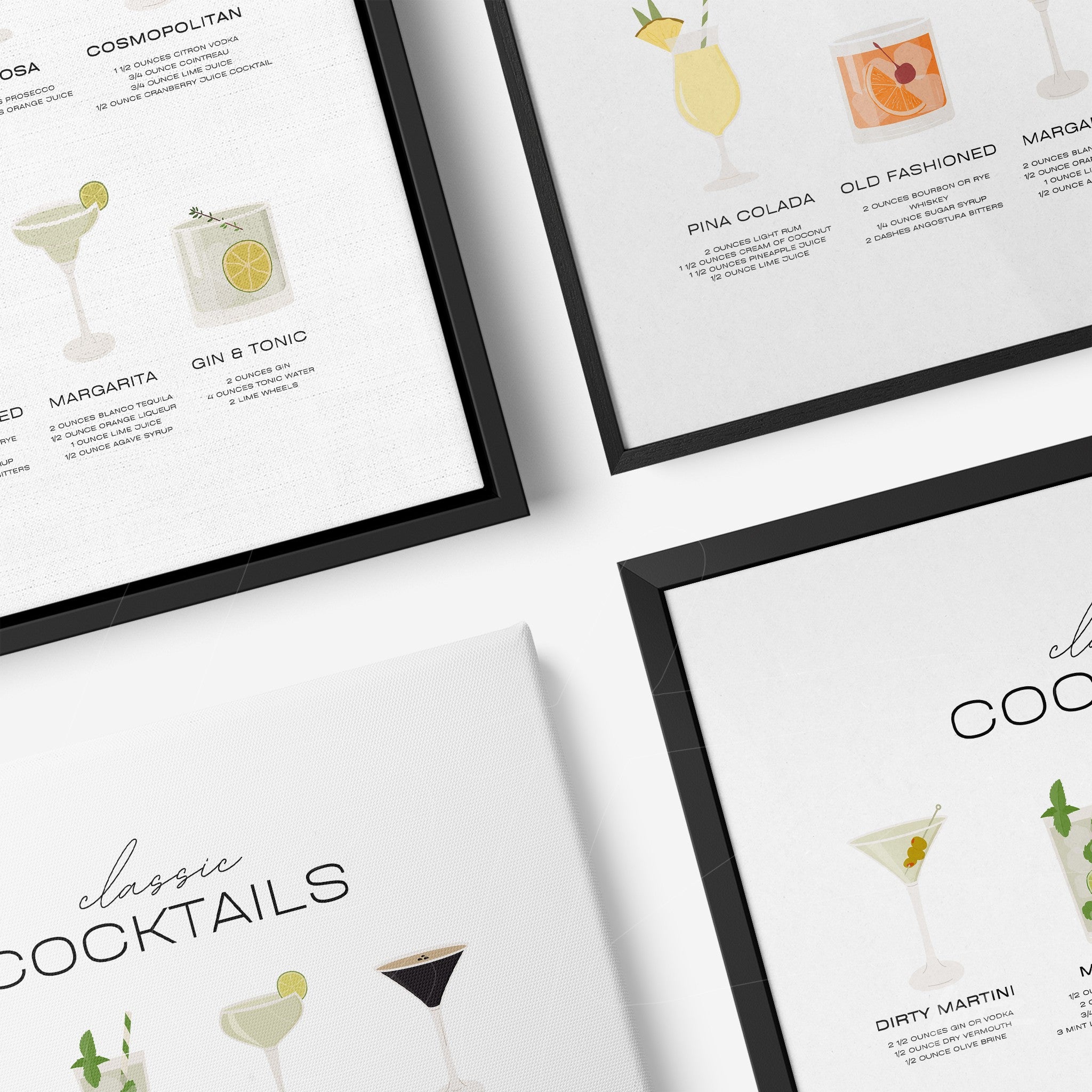 framed wall art composition featuring classic cocktail illustrations in black frame, including cosmopolitan, piña colada, old fashioned, margarita, gin and tonic, and dirty martini on white background